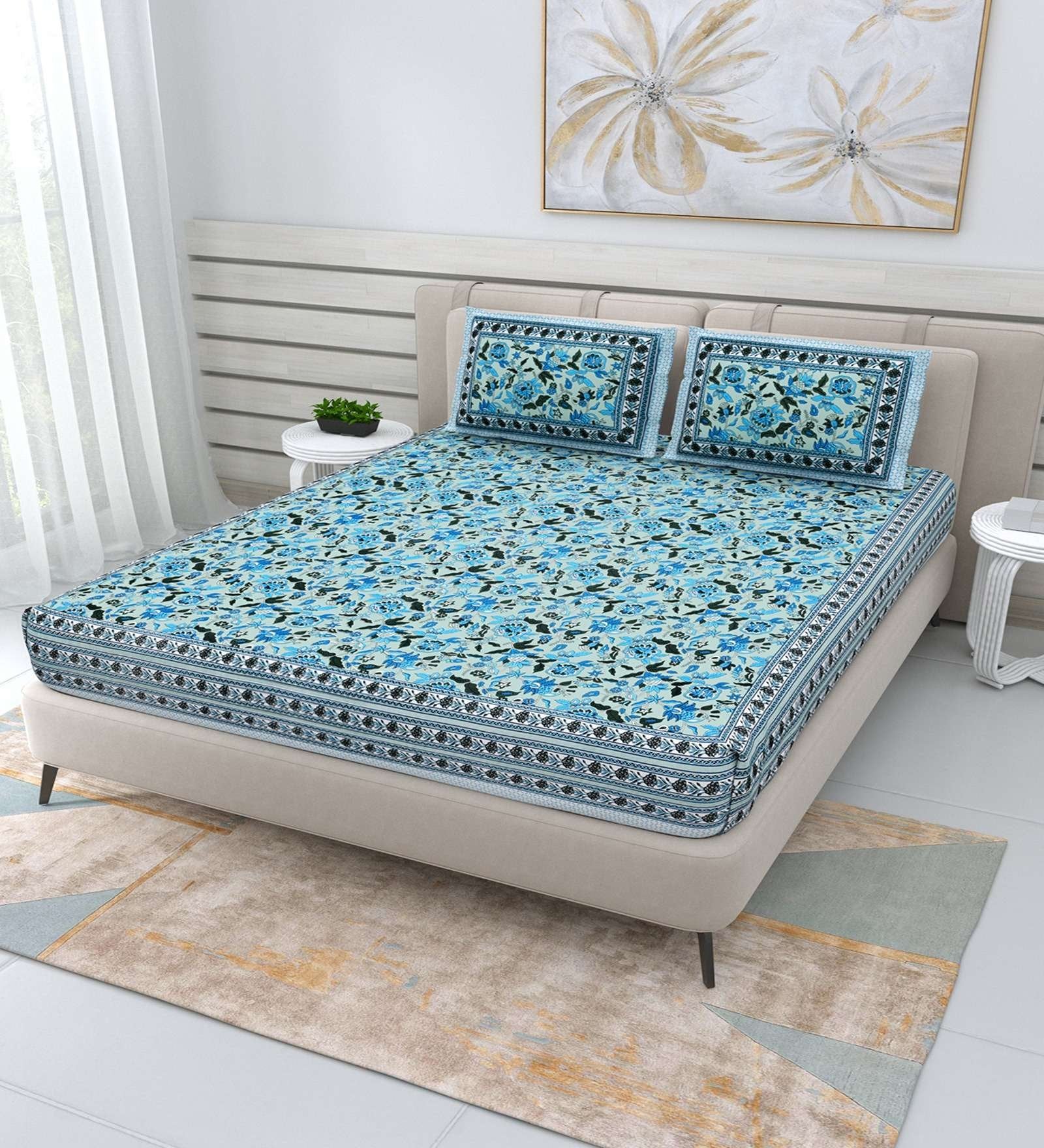 100% Pure Cotton Traditional Printed Bedsheet for Double Bed King Size Bedsheet with 2 Pillow Covers