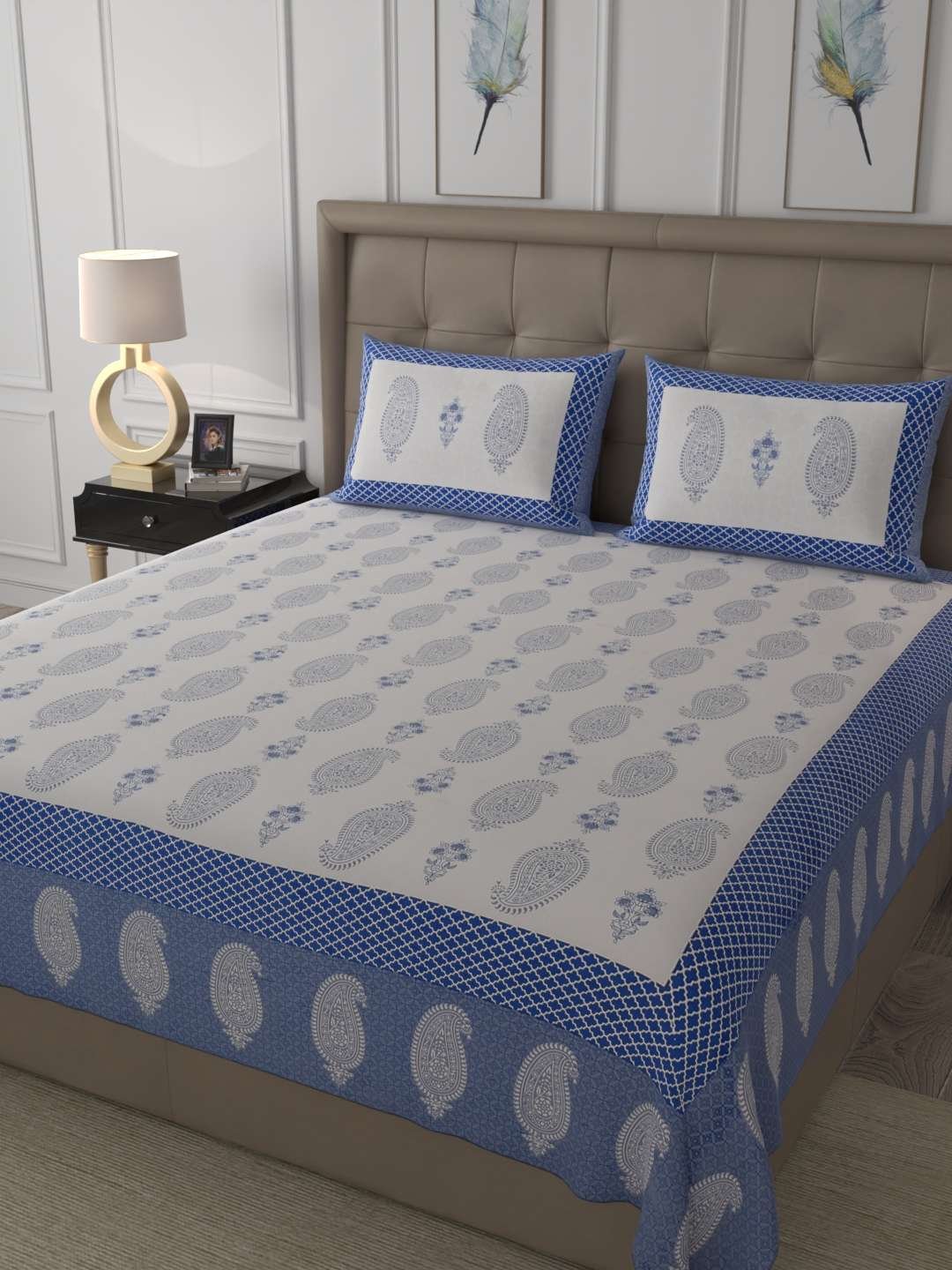 100% Pure Cotton Traditional Printed Bedsheet for Double Bed King Size Bedsheet with 2 Pillow Covers