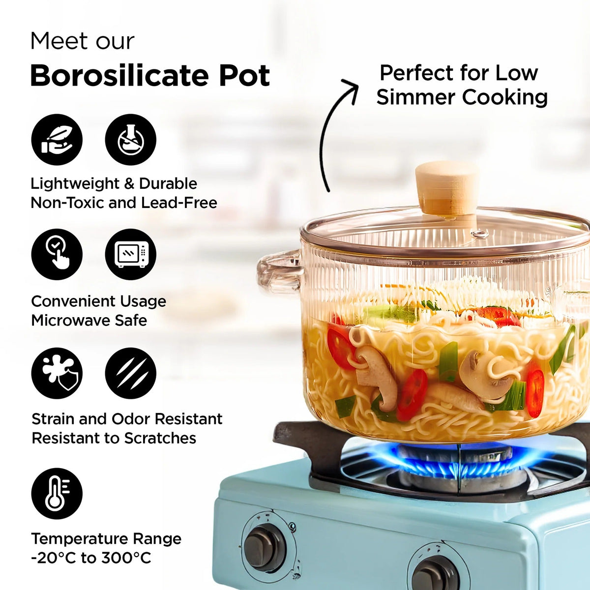 UMAI Borosilicate Glass Saucepan 1.45L Ribbed Amber with Lid Gas Stove Microwave Safe