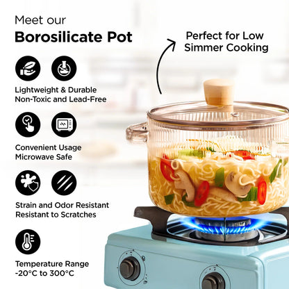 UMAI Borosilicate Glass Saucepan 1.45L Ribbed Amber with Lid Gas Stove Microwave Safe