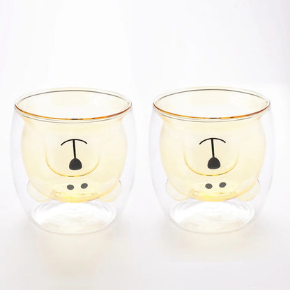 UMAI Cute Teddy Bear Double Walled Borosilicate Glass Mug Set of 2 (250ml) | Yellow