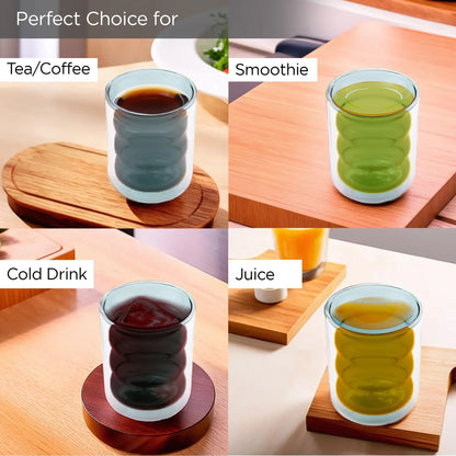 UMAI Double Wall Borosilicate Glass Coffee Mugs Set of 2 (200ml) | Curvy | Green