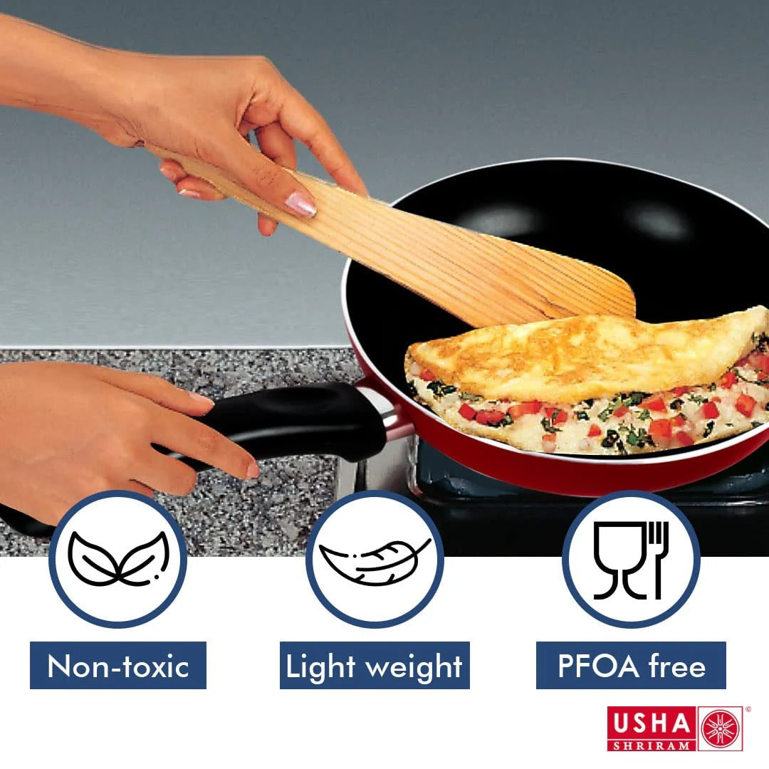 USHA SHRIRAM Non-Stick Frying Pan 26cm 3-Layer Coating Easy Grip Handle Minimal Oil Red