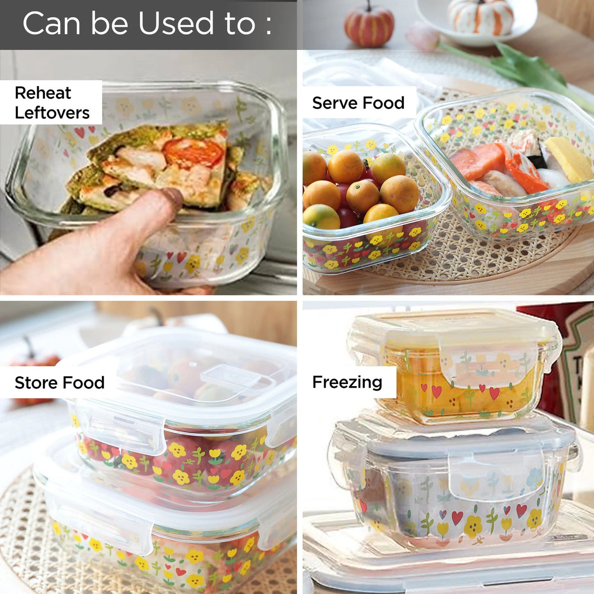 UMAI Pack of 2 Square Printed Borosilicate Kitchen Containers | 310ml & 525ml | Airvent Lid | Pink
