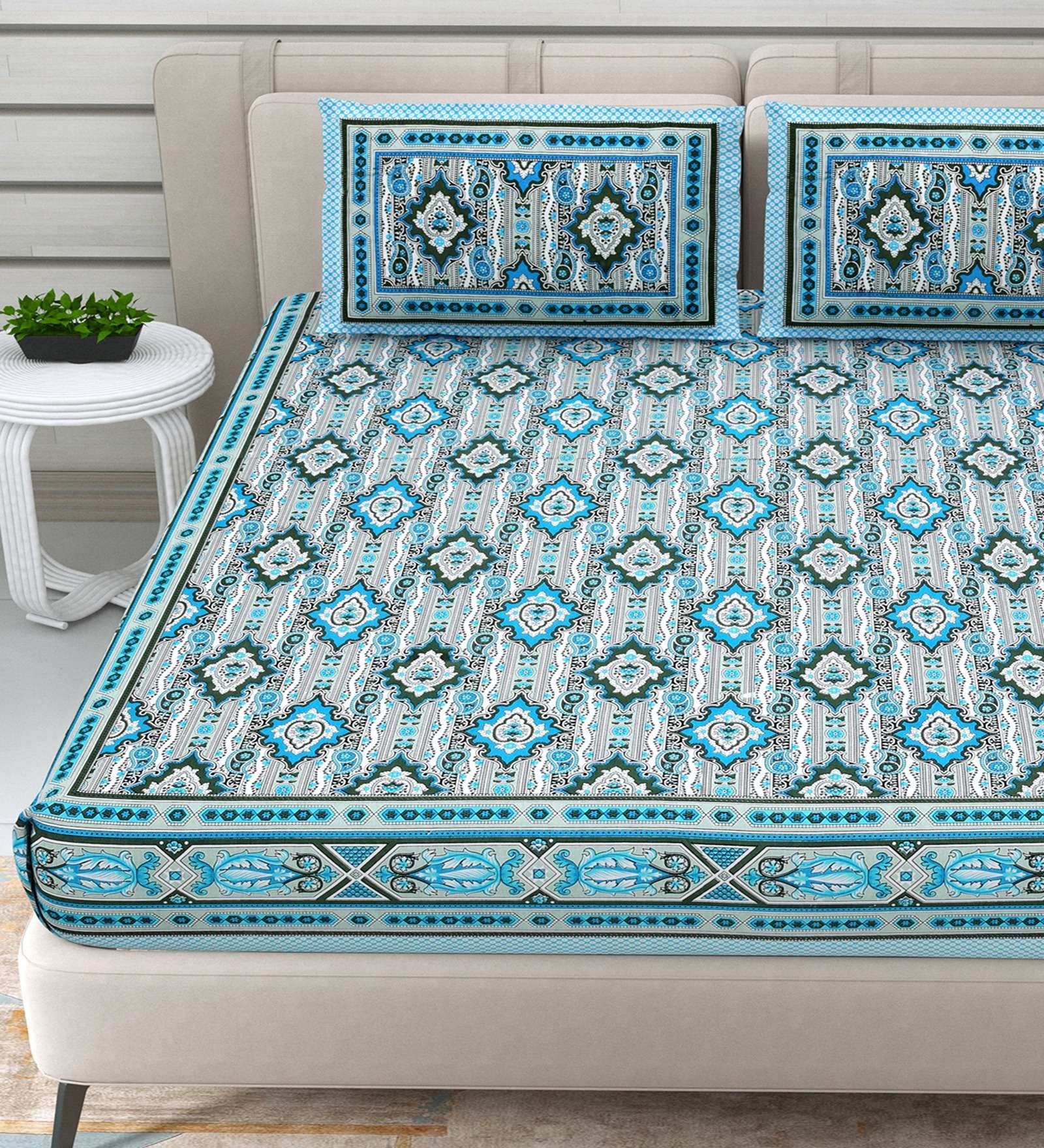 100% Pure Cotton Traditional Printed Bedsheet for Double Bed King Size Bedsheet with 2 Pillow Covers
