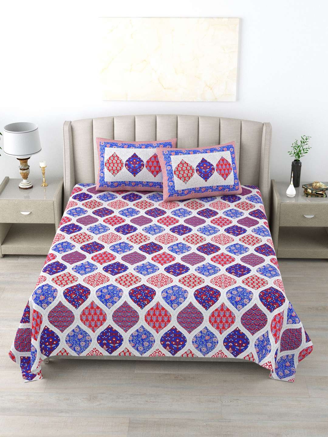 100% Pure Cotton Traditional Printed Bedsheet for Double Bed King Size Bedsheet with 2 Pillow Covers