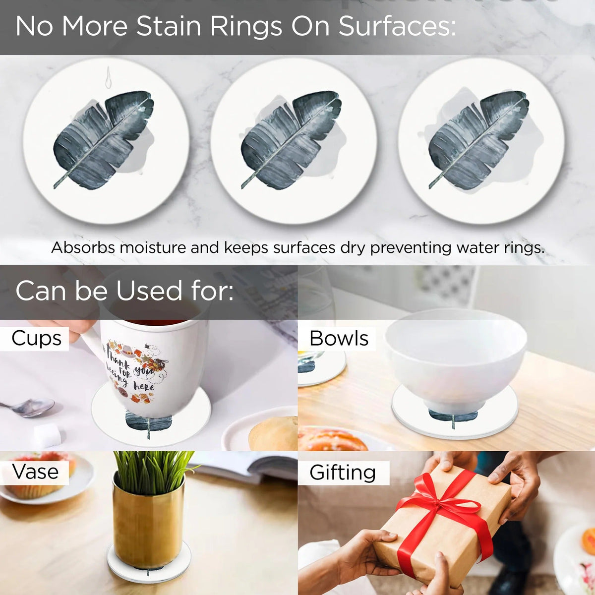 UMAI Diatomite Coaster Set of 6 with Cork Steel Holder 10cm 8mm Thick Leaf Print Absorbent