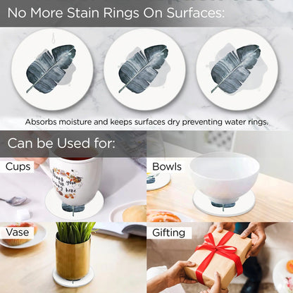 UMAI Diatomite Coaster Set of 6 with Cork Steel Holder 10cm 8mm Thick Leaf Print Absorbent
