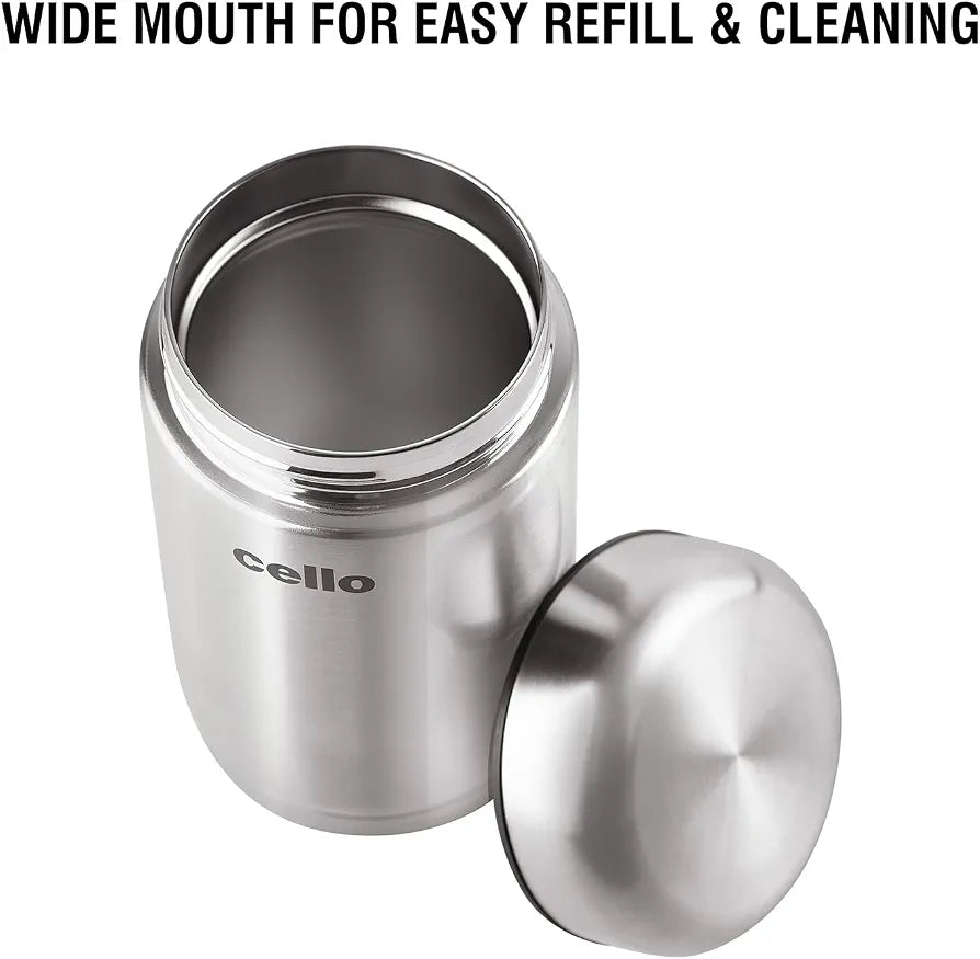 Cello Supee Vacuum Insulated Flask 600ml, Silver | Double Walled | Keeps Food Hot & Cold for Long Hours | Thermos with Airtight Screw Lid | Leakproof Soup Jar Thermos for Office, College & Travelling