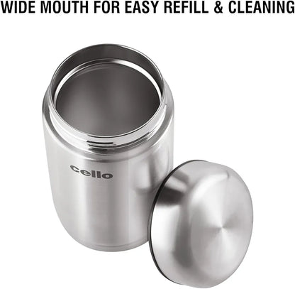 Cello Supee Vacuum Insulated Flask 600ml, Silver | Double Walled | Keeps Food Hot & Cold for Long Hours | Thermos with Airtight Screw Lid | Leakproof Soup Jar Thermos for Office, College & Travelling