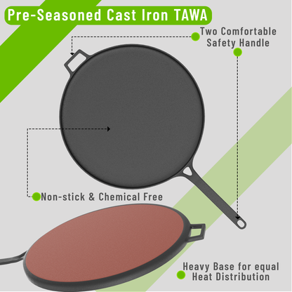 Esspy 28cm/11inch Pre-Seasoned Cast Iron Dosa Tawa | Roti/Chapati Tawa | Iron Tawa Big Size | Cast Iron Cookware | Gas and Induction Compatible | Toxin Free