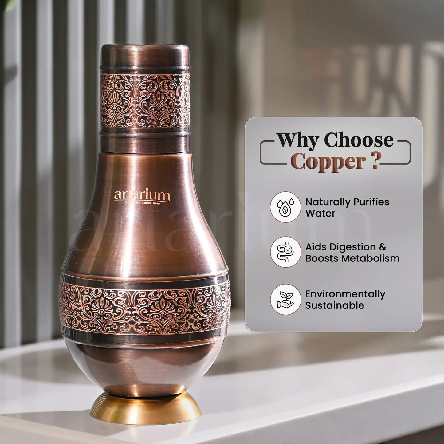 Artarium Antique Etching Pear Copper Water Jar - 870 ML