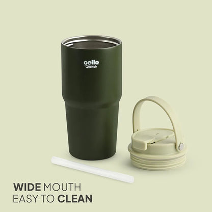 CELLO Quench Go 600 Insulated Stainless Steel Sipper Tumbler with Straw for Daily Use & Travel 600 ml Green | Double Wall Vacuum Insulated Hot & Cold Leakproof Stainless Steel Mug Tumbler for Office
