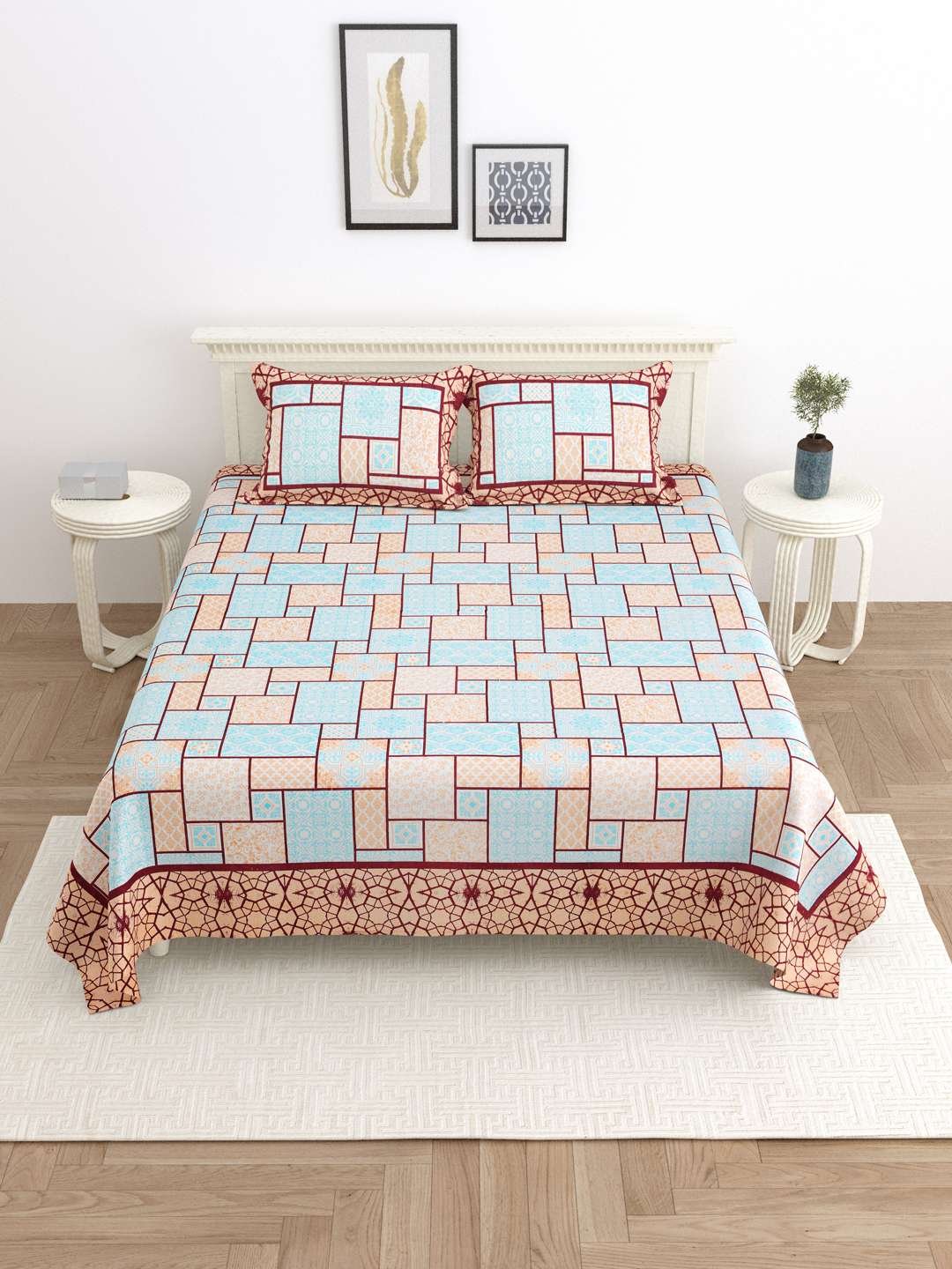 100% Pure Cotton Traditional Printed Bedsheet for Double Bed King Size Bedsheet with 2 Pillow Covers