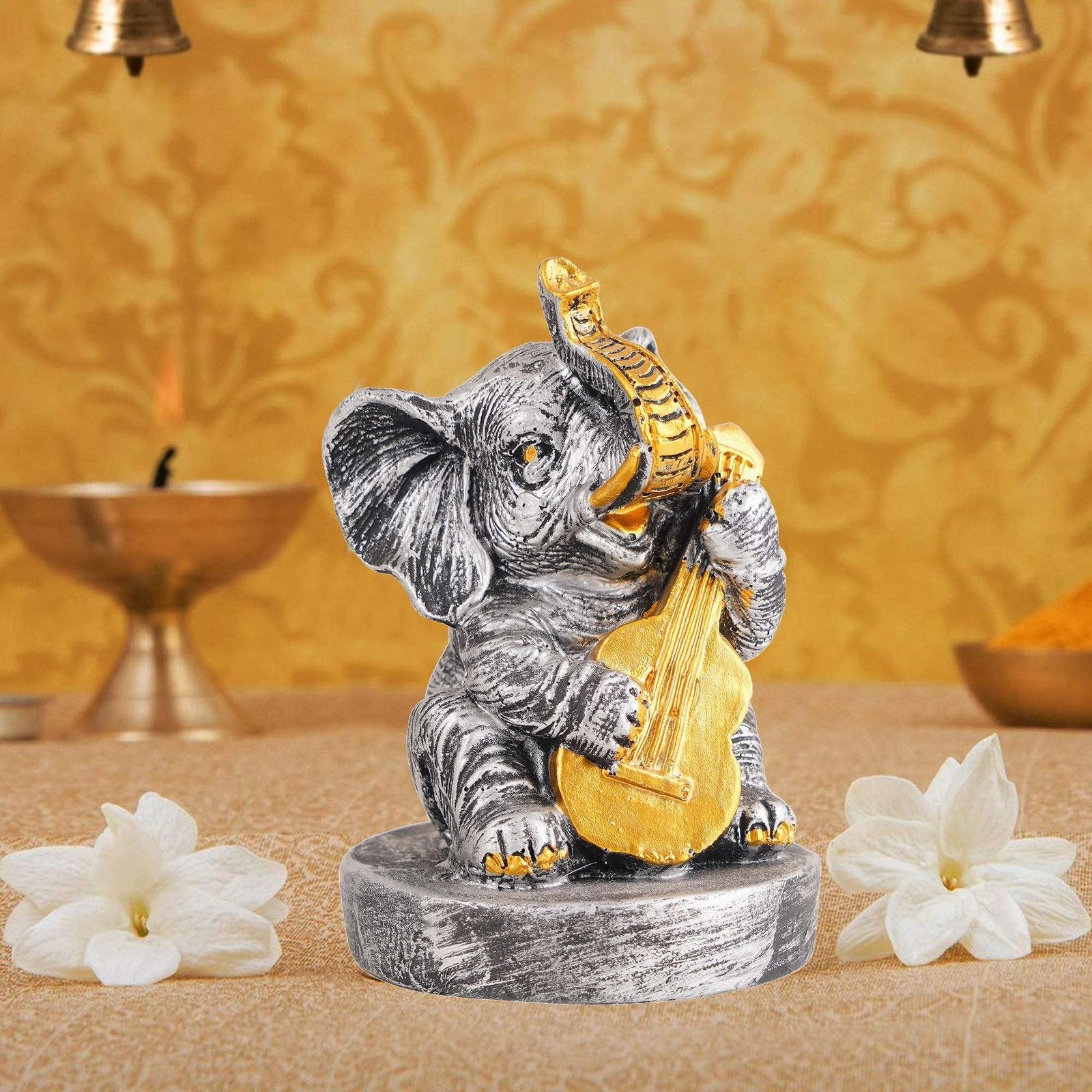 Resin Elephant Playing Musical Instrument Showpiece For Home Dcor Living Room Bedroom Table Top
