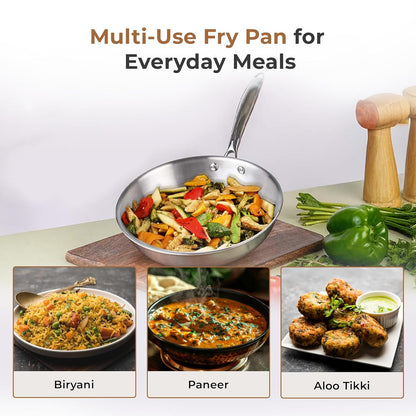 ESSPY Tri-ply Stainless Steel Frying Pan With | Omelets Pan Non Stick | Gas & Induction Compatible | Riveted Handle | Food Safe & PFOA Free | Scratch Resistant
