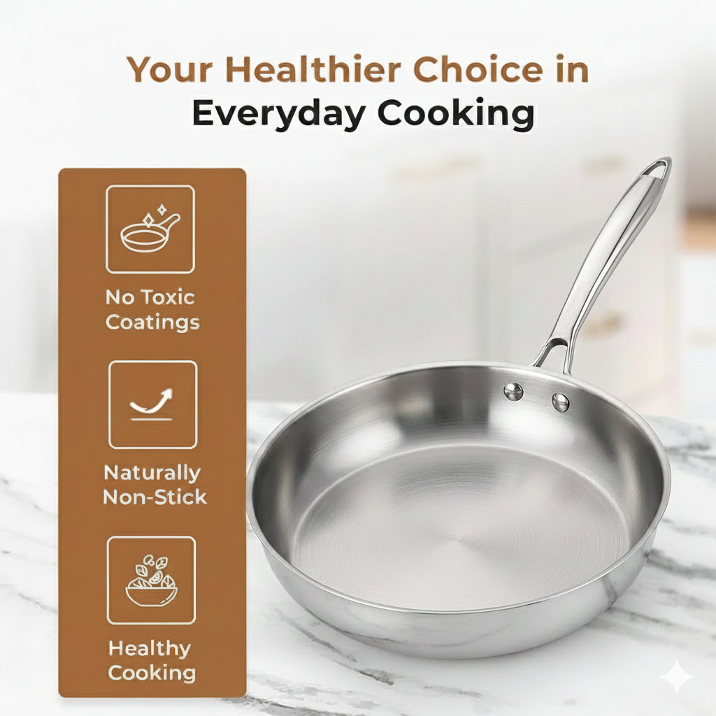 ESSPY Tri-ply Stainless Steel Frying Pan With | Omelets Pan Non Stick | Gas & Induction Compatible | Riveted Handle | Food Safe & PFOA Free | Scratch Resistant