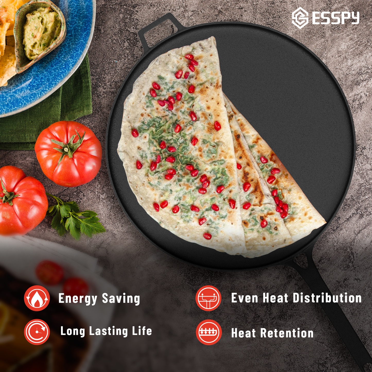 Esspy 28cm/11inch Pre-Seasoned Cast Iron Dosa Tawa | Roti/Chapati Tawa | Iron Tawa Big Size | Cast Iron Cookware | Gas and Induction Compatible | Toxin Free