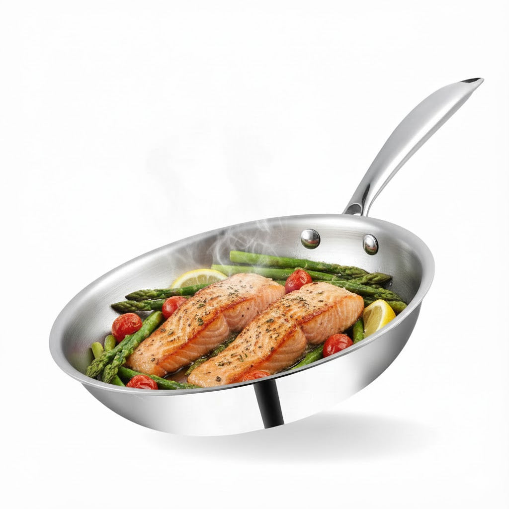 ESSPY Tri-ply Stainless Steel Frying Pan With | Omelets Pan Non Stick | Gas & Induction Compatible | Riveted Handle | Food Safe & PFOA Free | Scratch Resistant