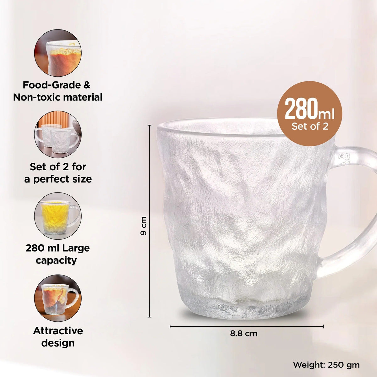 UMAI Set of 2: Glass Tea Cups - Lead-Free Elegant Design | 280ml | Transparent
