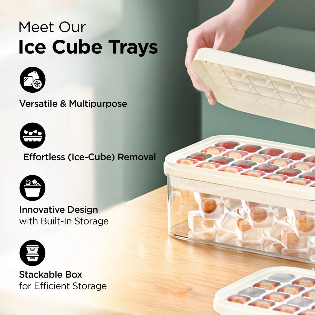 UMAI 2 Layer Ice Cube Trays with Storage Box & Ice Scoop | 56 Compartments | BPA Free | Green