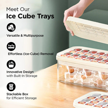 UMAI 2 Layer Ice Cube Trays with Storage Box & Ice Scoop | 56 Compartments | BPA Free | White