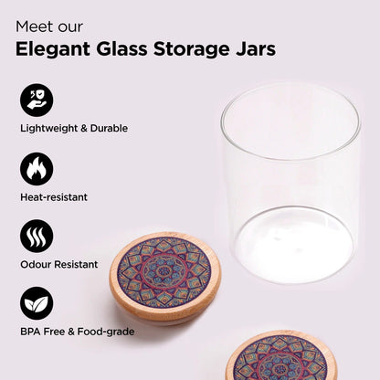 UMAI Pack of 6 Glass Kitchen Containers 300ml | Airtight | Printed Bamboo Lids