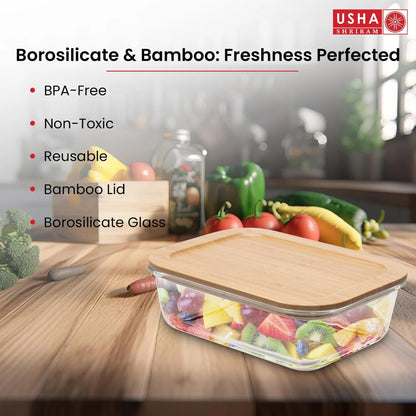 USHA SHRIRAM Borosilicate Food Container + Insulated Steel Bottle | Bamboo Lid | Microwave Safe