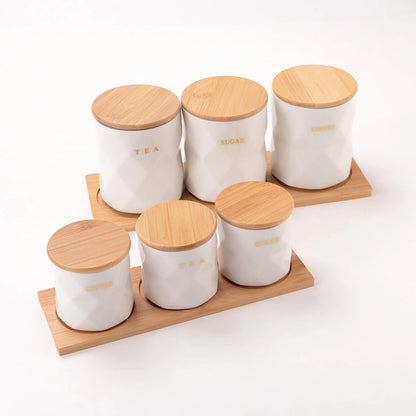 UMAI Ceramic Jars Set with Bamboo Lid and Tray | 3pcs 750ml Each | White | Kitchen Storage