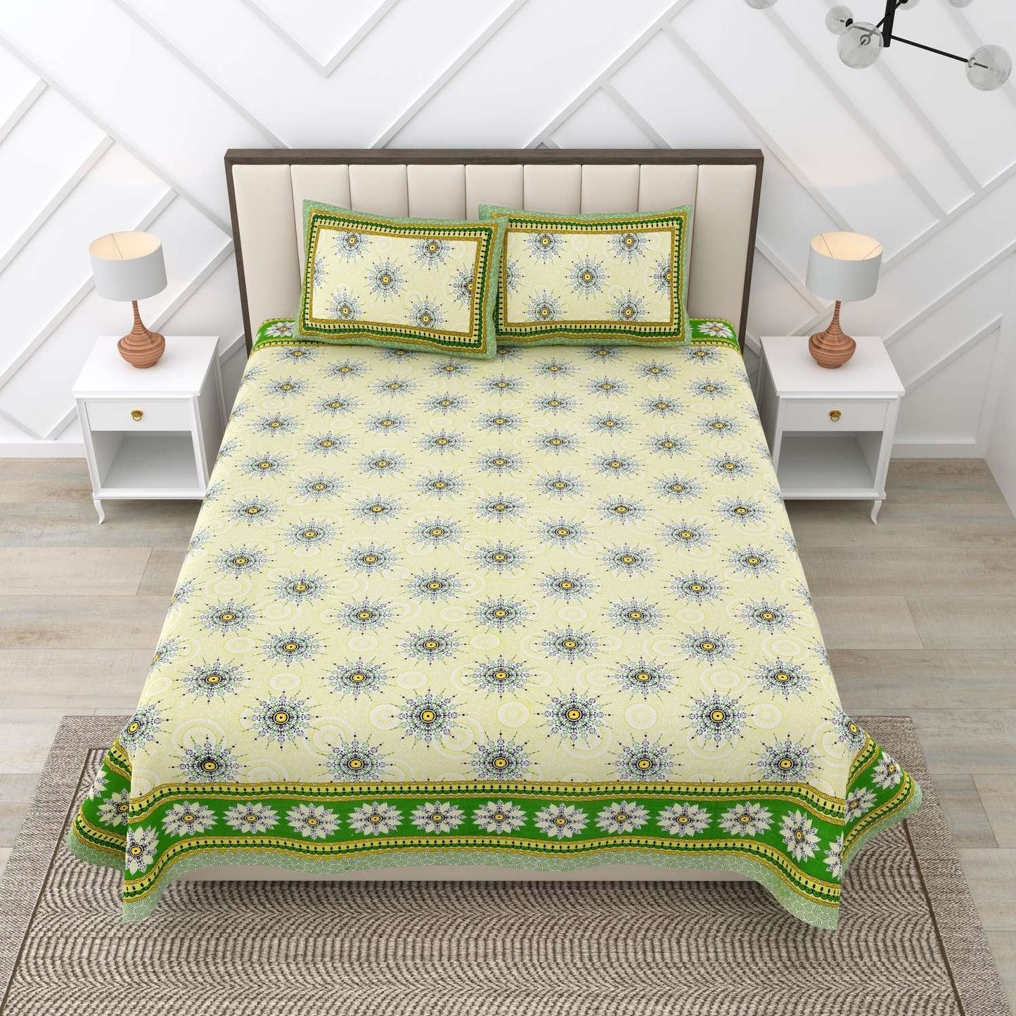 100% Pure Cotton Traditional Printed Bedsheet for Double Bed King Size Bedsheet with 2 Pillow Covers