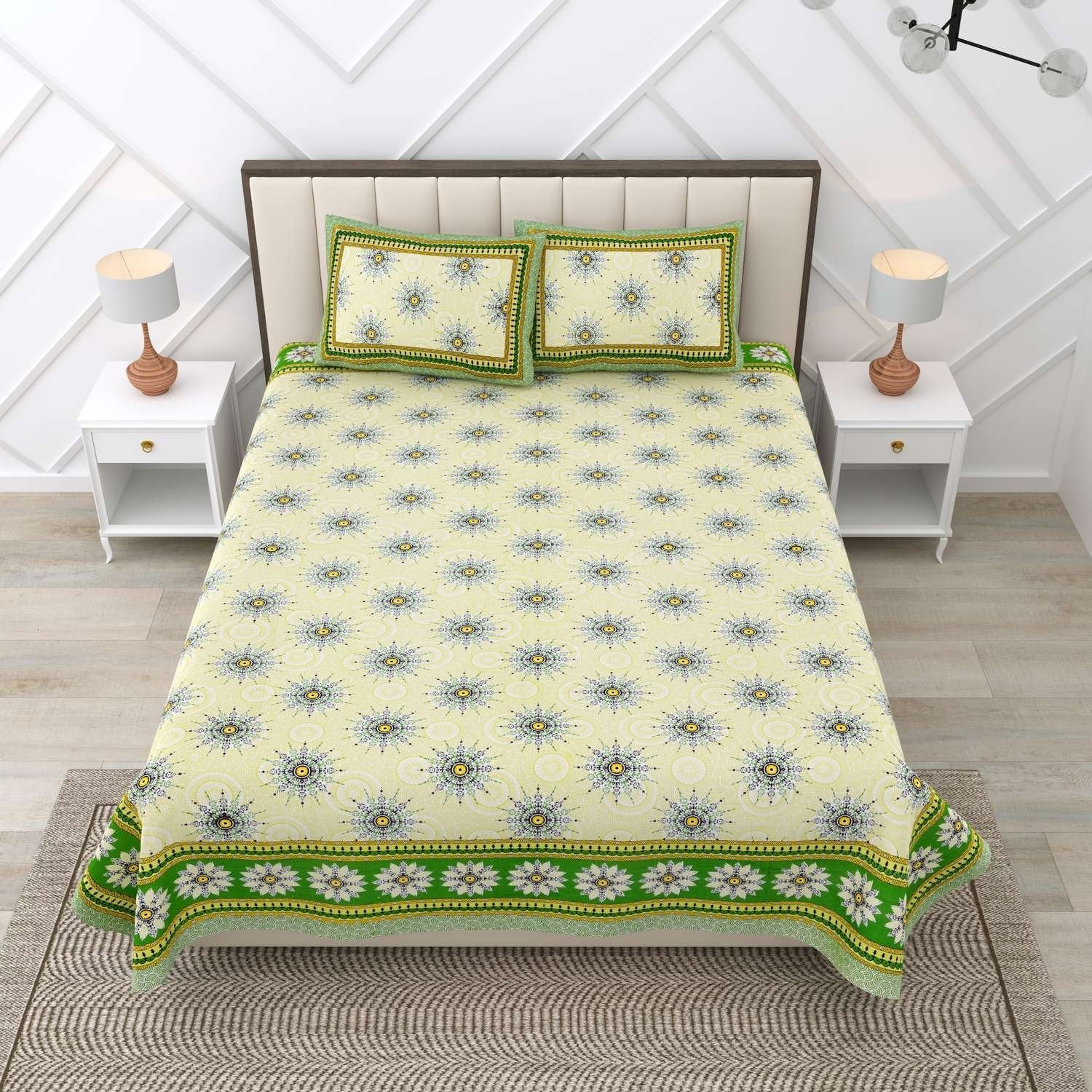 100% Pure Cotton Traditional Printed Bedsheet for Double Bed King Size Bedsheet with 2 Pillow Covers