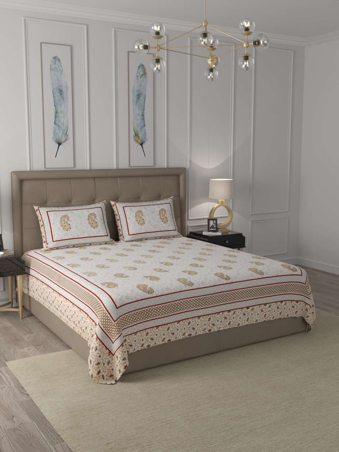 100% Pure Cotton Traditional Printed Bedsheet for Double Bed King Size Bedsheet with 2 Pillow Covers