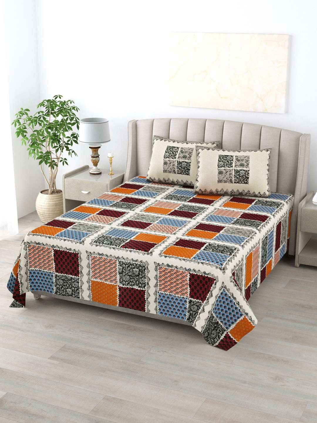 100% Pure Cotton Traditional Printed Bedsheet for Double Bed King Size Bedsheet with 2 Pillow Covers