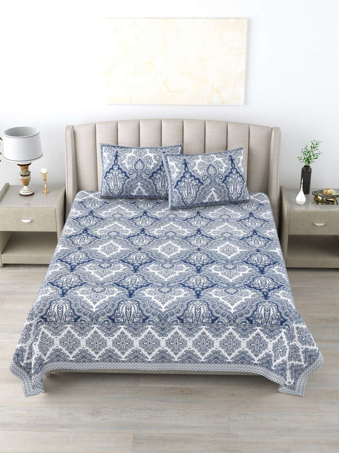 100% Pure Cotton Traditional Printed Bedsheet for Double Bed King Size Bedsheet with 2 Pillow Covers