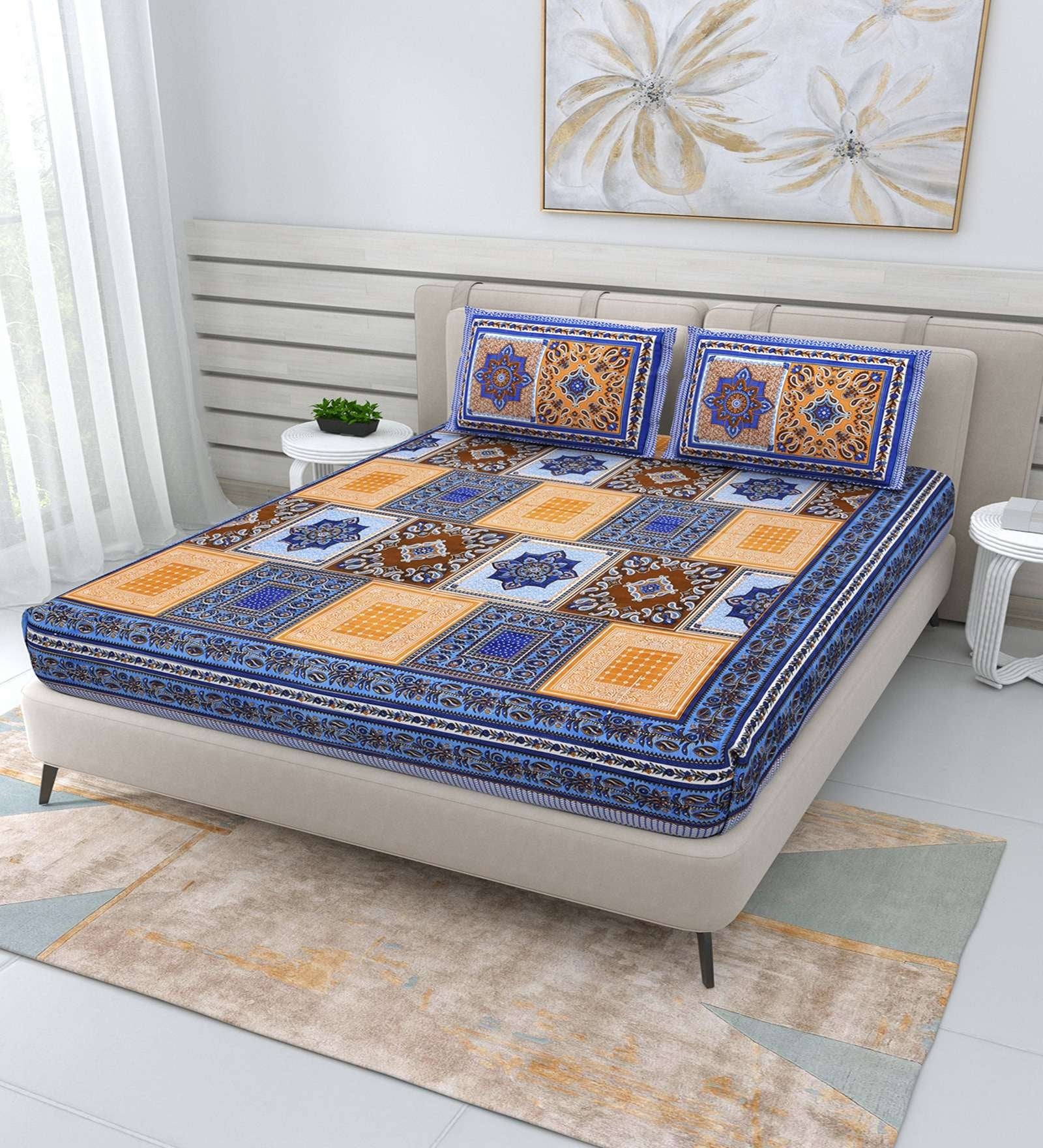 100% Pure Cotton Traditional Printed Bedsheet for Double Bed King Size Bedsheet with 2 Pillow Covers