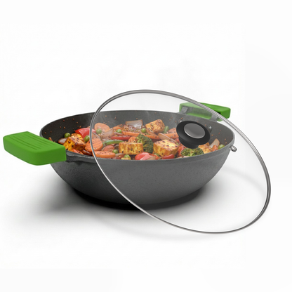 Esspy Pre Seasoned Cast Iron Kadhai With Silicon Handle Cover & Glass Lid | Naturally Non Stick Kadai for Cooking | Gas & Induction Friendly | Woks | 100% Pure & Toxin-Free | No Chemical Coating | Fast & Even Heating
