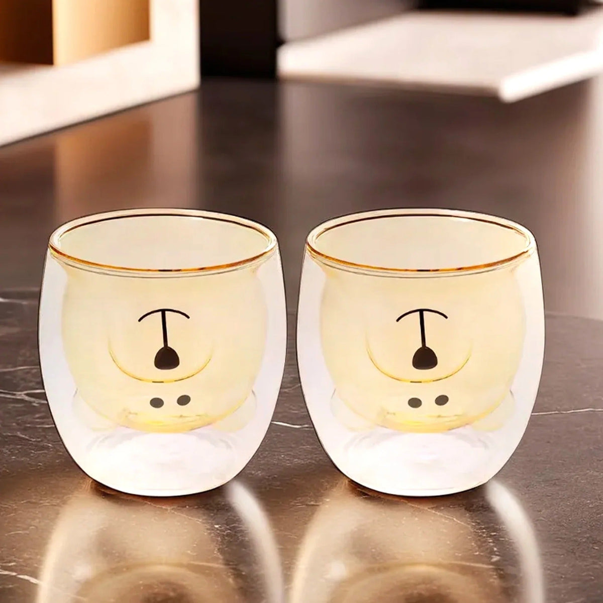UMAI Cute Teddy Bear Double Walled Borosilicate Glass Mug Set of 2 (250ml) | Yellow