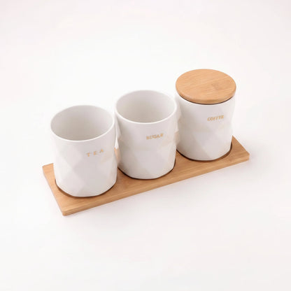 UMAI Ceramic Jars Set with Bamboo Lid and Tray | 3pcs 750ml Each | White | Kitchen Storage