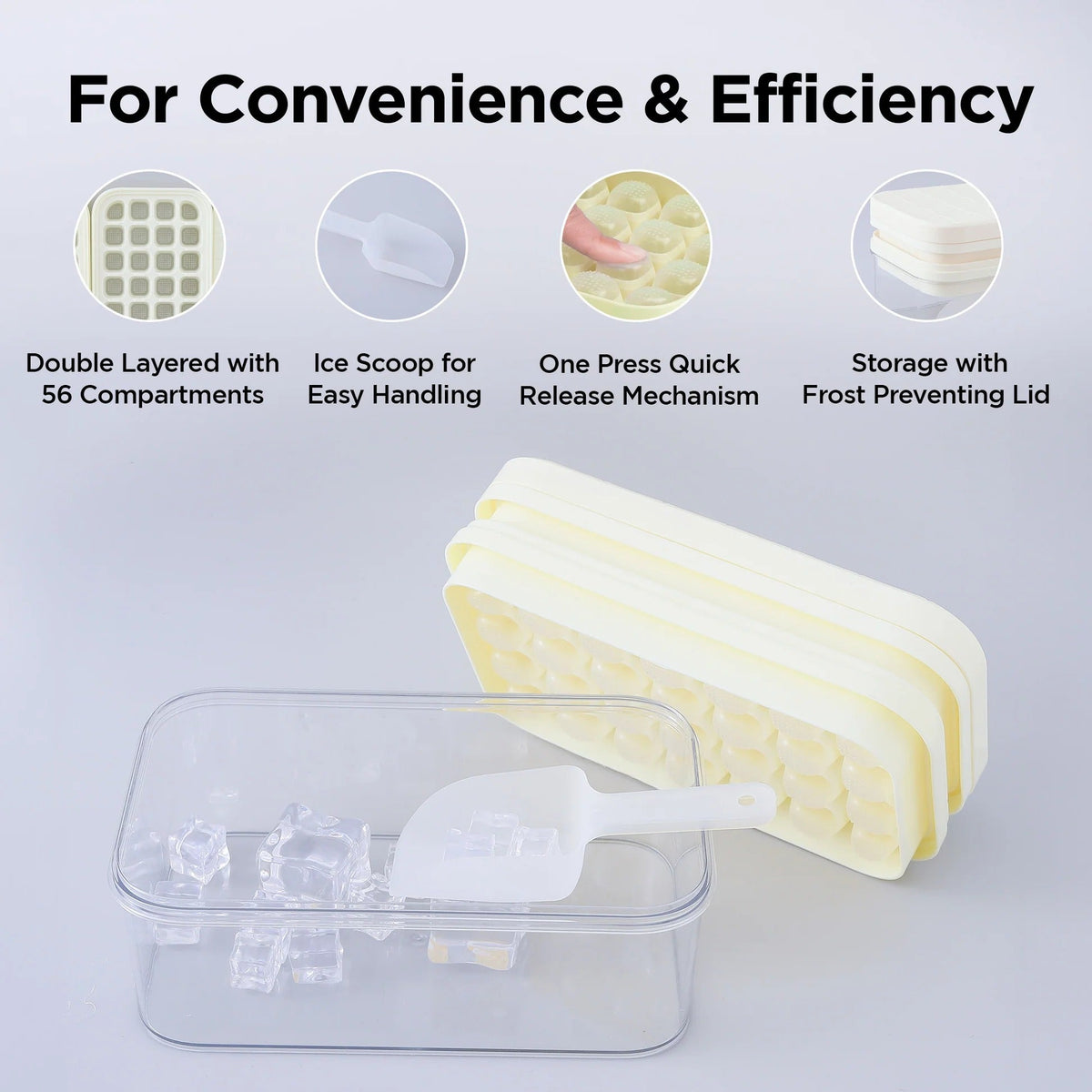 UMAI 2 Layer Ice Cube Trays with Storage Box & Ice Scoop | 56 Compartments | BPA Free | White