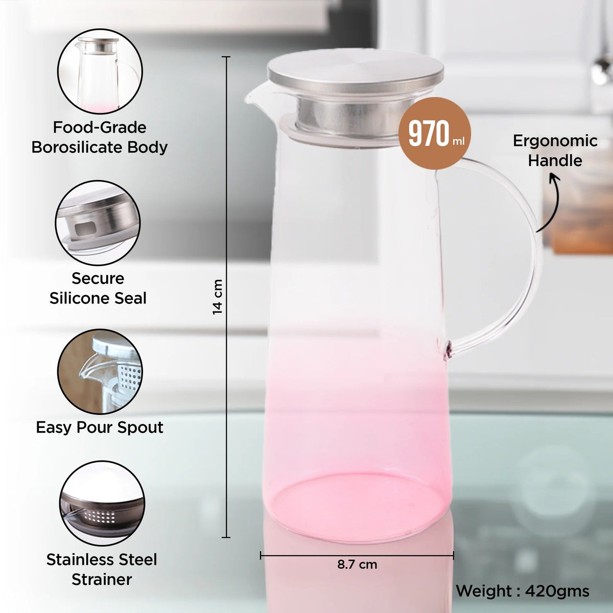 UMAI Premium Borosilicate Glass Jug 970ml Pink SS Lid LP065-PNK