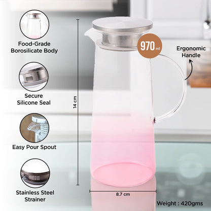 UMAI Premium Borosilicate Glass Jug 970ml Pink SS Lid LP065-PNK