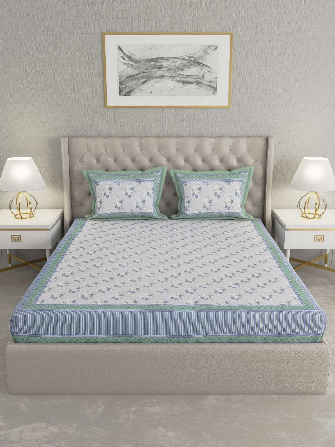 100% Pure Cotton Traditional Printed Bedsheet for Double Bed King Size Bedsheet with 2 Pillow Covers