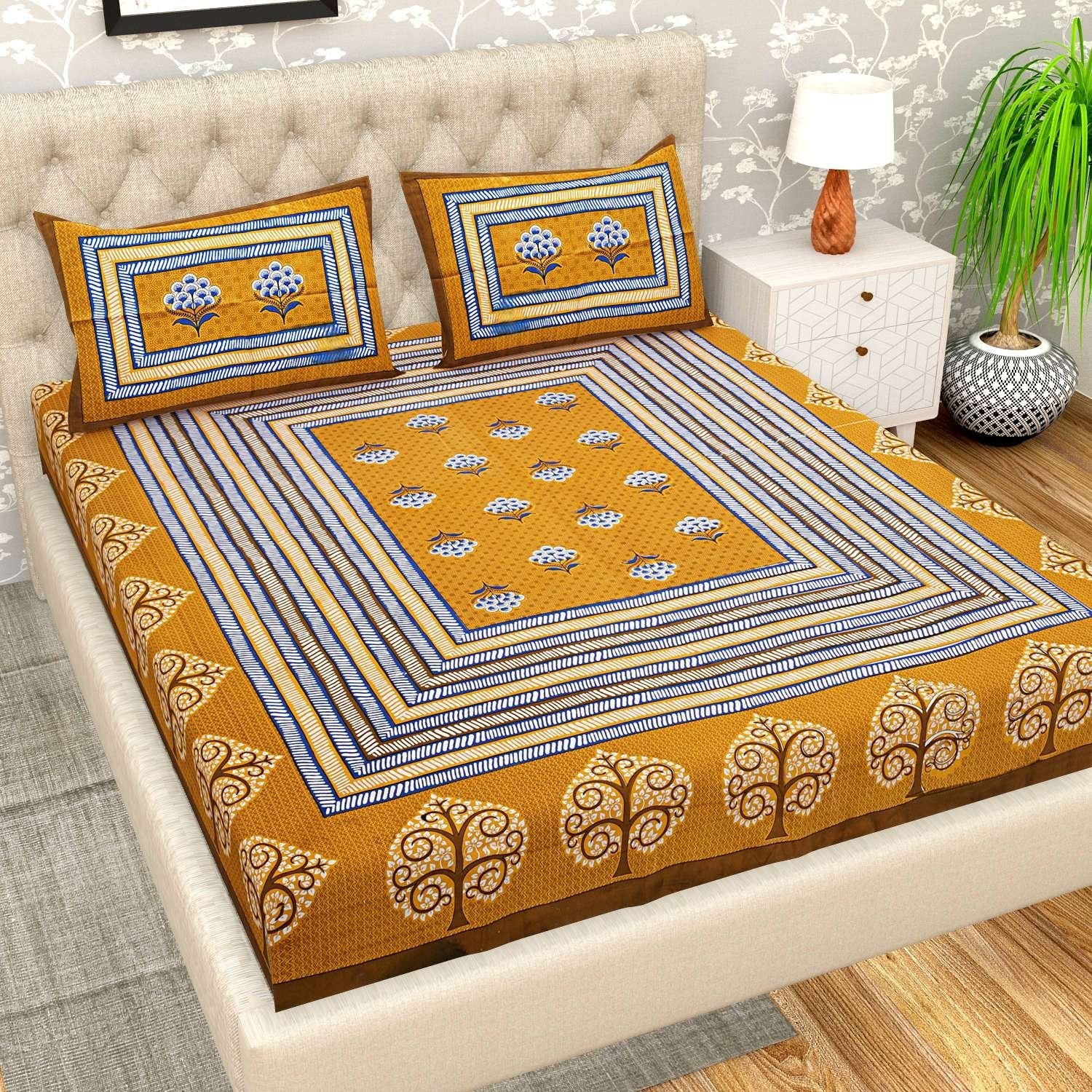 100% Pure Cotton Traditional Printed Bedsheet for Double Bed King Size Bedsheet with 2 Pillow Covers