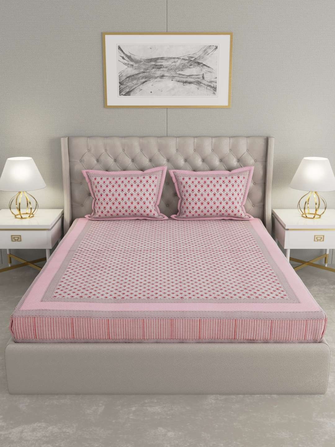 100% Pure Cotton Traditional Printed Bedsheet for Double Bed King Size Bedsheet with 2 Pillow Covers