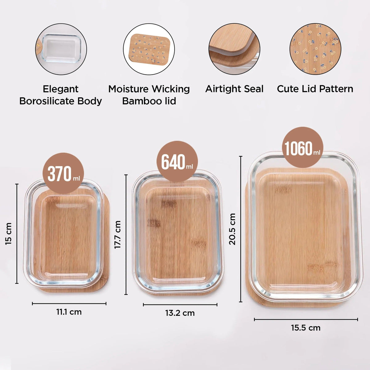 UMAI Pack of 3 Borosilicate Kitchen Containers | Happy Dance Print | 370ml 640ml 1060ml | Bamboo Lid