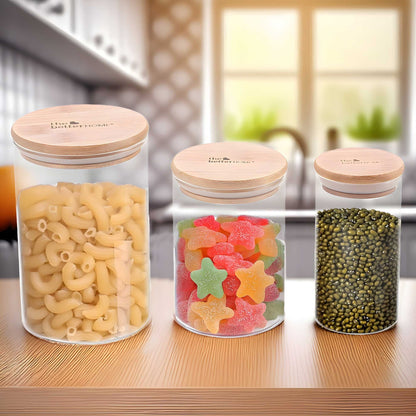 The Better Home Pack of 3 Borosilicate Glass Jars with Bamboo Lid | 300ml+600ml+1000ml | Airtight