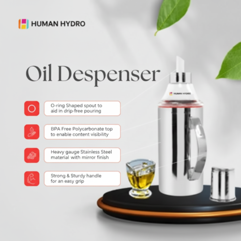 Human Hydro Stainless Steel Oil Dispenser Bottle  - Set of 2 (1000ml Each )