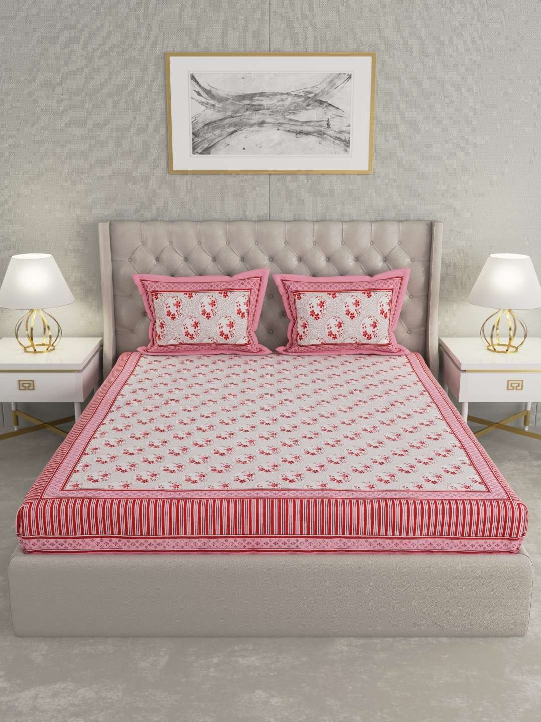 100% Pure Cotton Traditional Printed Bedsheet for Double Bed King Size Bedsheet with 2 Pillow Covers