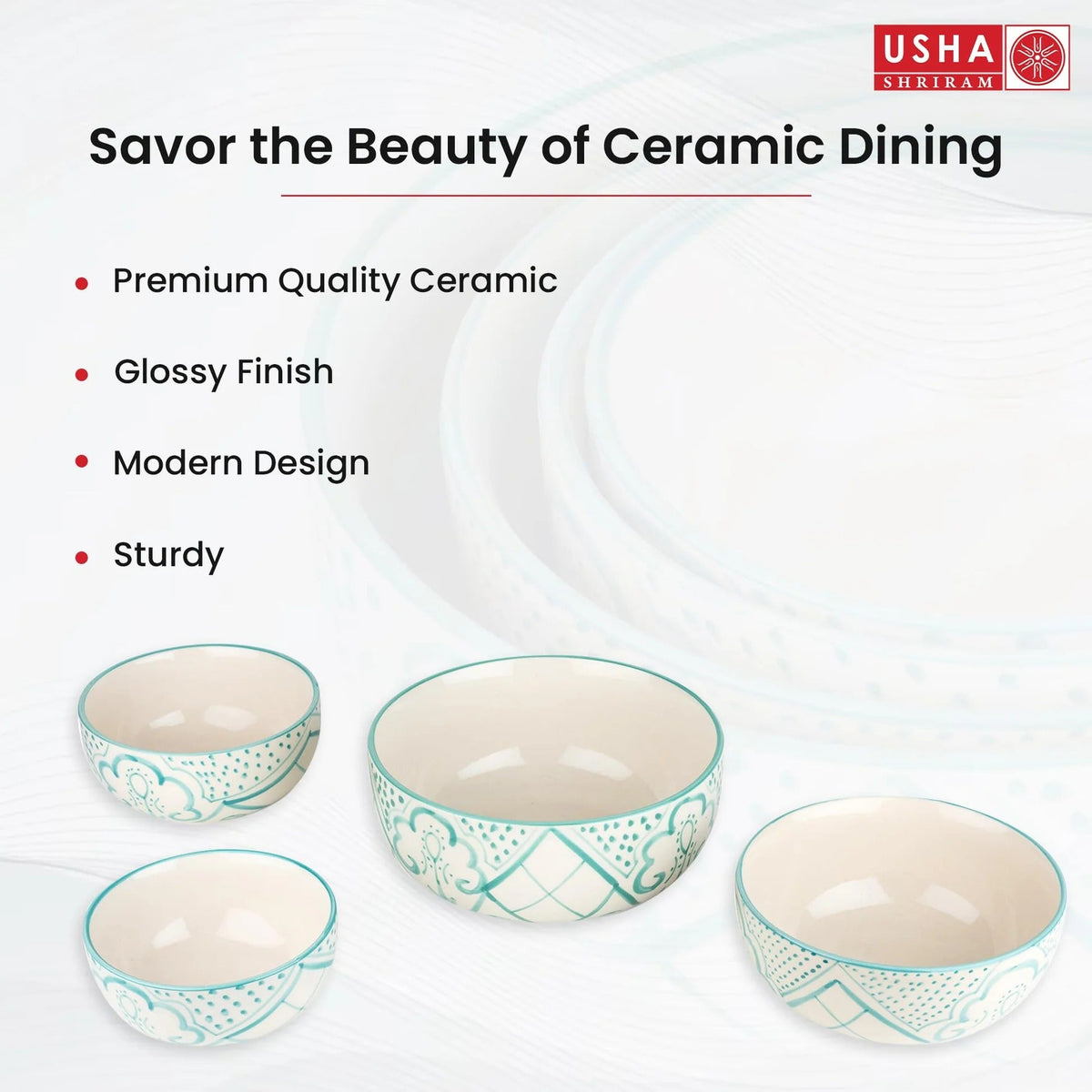 USHA SHRIRAM Ceramic Bowl for Snack Dinner 4pcs (1400ml 300ml 260ml 120ml) Ramen Soup Microwave Safe Mixed Sizes