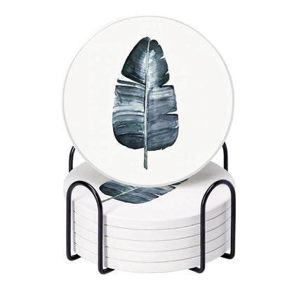 UMAI Diatomite Coaster Set of 6 with Cork Steel Holder 10cm 8mm Thick Leaf Print Absorbent
